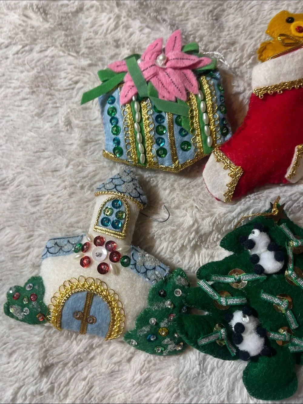 Vintage  Felt Christmas Ornament Lot - Stocking, Tree, Church, Gifts